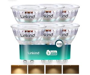 Linkind Ampoule LED GU10 Dimmable Ultra Efficace 415lm, Spot LED 2,5W=50W, 2700K Blanc Chaud, Classe Énergétique B, Angle 90°, Ampoule Basse Consommation. Lot de 6