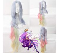 LINLINCD 120 cm Pas de jeu Pas de vie Shiro Cosplay Perruque Femmes Bleu Rose Jaune Ombre Cheveux Synthétiques Ondulés Longues Perruques Complètes avec Puce Queue de Cheval