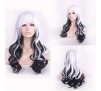 LINLINCD Anime Perruque longue ondulée blanche et noire ombrée Cosplay Perruque japonaise Harajuku Lolita pour femme