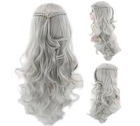 LINLINCD Game of Thrones Daenerys Targaryen Perruque tressée pour cosplay, Halloween, costume d'Halloween, perruque longue, ondulée, pour femme, gris argenté, 70 cm