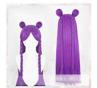 LINLINCD KDA Kai'Sa Perruque longue tressée violette avec chignon pour femme résistante à la chaleur + bonnet violet