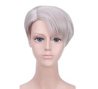 LINLINCD Perruque de cosplay Anime Coser Anime Yuri!!!on Ice Victor Nikiforov, cheveux courts et lisses, gris argenté, avec bonnet de perruque, pour Halloween, fête, carnaval, vie nocturne, concerts