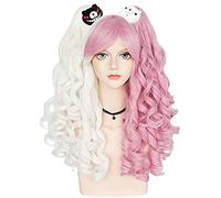 LINLINCD Perruque de cosplay anime Coser - Avec tresses - Longue rose et blanche - Avec queue de cheval - Pour fille - Avec clips d'ours + bonnet