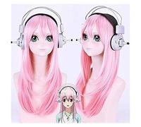 LINLINCD Perruque de cosplay Anime Super Sonico - 80 cm de long - Synthétique - Rose clair - Résistante à la chaleur - Pour femme et fille - Avec casque KEEBON