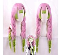 LINLINCD Perruque de cosplay avec lame de la tueuse de démon Kanroji Mitsuri Cosplay - Dégradé de couleur - Cheveux Kimetsu no Yaiba Pink - Perruque tressée verte mélangée + bonnet de perruque