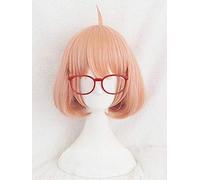 LINLINCD Perruque de cosplay Kyokai no Kanata Kuriyama Mirai - Courte - Orange et rose - Résistante à la chaleur - Avec lunettes rouges - Bonnet de perruque et bonnet de perruque