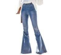 LinLinYang Pantalon Jeans Denim Pantalon Taille Haute Élastique Genou Piercing Cloche Sol Jambe Large Ample pour Femme, bleu, M-L