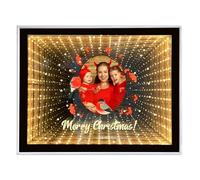 LINMQIU Miroir Infinity Personnalisé Photos Personnalisées, Cadeaux de Noël Personnalisés pour Couple, Amis, Famille, Miroir de Maquillage avec Veilleuse LED de Bureau 2 en 1, Décoration de Maison