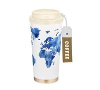 LINNIKEEEE Carte Du Monde Aquarelle Bleue Gobelet à Café en Acier Inoxydable Bouteille D'eau Isotherme à Double Paroi pour Voyage(500 Ml)