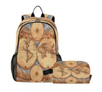 LINNIKEEEE Carte Du Monde Boussole Historique Sac À Déjeuner Ensemble Sac À Dos Pour Étudiants,Sac D'École Léger Durable pour Garçons Filles