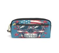 LINNIKEEEE Dessin Animé Drapeau AméRicain Crâne Étui à Crayons en Cuir,Trousse Élève Scolaire Sac à Crayons Trousse de Maquillage pour Garçon Fille