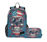 LINNIKEEEE Dessin Animé Drapeau AméRicain Crâne Sac À Déjeuner Ensemble Sac À Dos Pour Étudiants,Sac D'École Léger Durable pour Garçons Filles