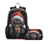 LINNIKEEEE Gorille Chapeau Rouge De NoëL De FêTe Grave Sac À Déjeuner Ensemble Sac À Dos Pour Étudiants,Sac D'École Léger Durable pour Garçons Filles