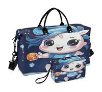 LINNIKEEEE Licorne De Dessin Animé Mignon Bleu Sacs de Voyage,Sac de Sport,Sac à Main de Week-End avec Trousse De Toilette pour Filles Hommes