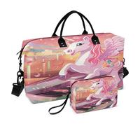 LINNIKEEEE Licorne Rose Drôle De Dessin Animé Sacs de Voyage,Sac de Sport,Sac à Main de W nd avec Trousse De Toilette pour Filles Hommes