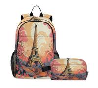 LINNIKEEEE Modèle Oranger Tour Paris Sac À Déjeuner Ensemble Sac À Dos Pour Étudiants - Sac D'École Léger Durable pour Garçons Filles