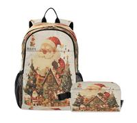 LINNIKEEEE Santa Grande Figure Maison Des Arbres Sac À Déjeuner Ensemble Sac À Dos Pour Étudiants,Sac D'École Léger Durable pour Garçons Filles