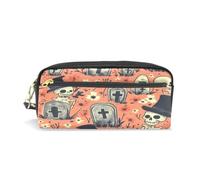 LINNIKEEEE Squelette Tombe Pierre Tombale Orange Étui à Crayons en Cuir,Trousse Élève Scolaire Sac à Crayons Trousse de Maquillage pour Garçon Fille