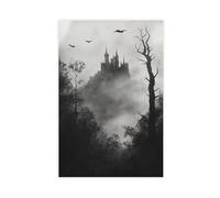 LINNPE Impression sur toile Château hanté gothique dans une forêt brumeuse avec chauves-souris volantes Décoration murale pour salon, chambre à coucher 40 x 60 cm