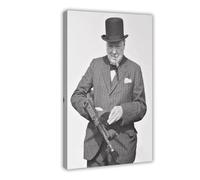LINNPE Impression sur toile de qualité supérieure Winston Churchill avec une mitrailleuse Tommy - Décoration pour chambre à coucher, bureau, chambre - Cadeau - 40 x 60 cm