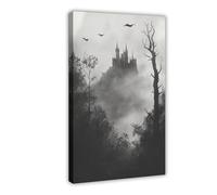 LINNPE Poster sur toile représentant un château hanté gothique dans une forêt brumeuse avec chauves-souris volantes pour décoration de chambre à coucher, bureau, chambre, cadeau (50 x 75 cm)