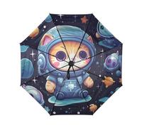 Linnyio Animaux Astronaute Chats Parapluie de Voyage Coupe-Vent à Ouverture et Fermeture Automatiques,Protection Solaire UPF 50+,Compact Parapluies Idéal pour Jeunes Filles