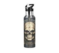 Linnyio Boussole Crâne Doré Gourde Sport Étanche,Sans BPA,Bouteille D'Eau Isolée Thermos Sport Tasse À Vide en Acier Inoxydable,1000ml/600ml