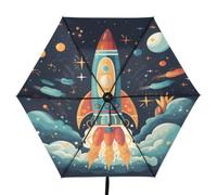 Linnyio ÉToiles De L'univers De FuséE RéTro Parapluie Pliant Anti-Uv Parapluie de Voyage Compact Protection Solaire pour Garçons et Filles