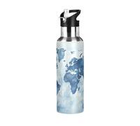 Linnyio Oeuvre De Carte Du Monde Gourde Sport Étanche,Sans BPA,Bouteille D'Eau Isolée Thermos Sport Tasse À Vide en Acier Inoxydable,1000ml/600ml