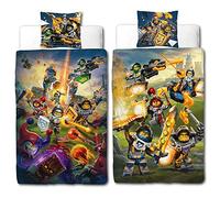 Linon Parure de lit pour enfant Lego Nexo Knights Blue Action - 135 x 200 cm + 80 x 80 cm - 100 % coton - Lance - Axl - Macy - Clay - Aaron - Jestro renforcé - Taille allemande