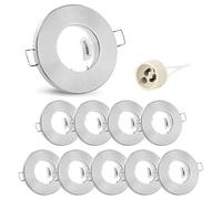 linovum Support de spot encastrable IP65 GU10 rond acier brossé, lot de 10 | Dix cadres pour plafond, vitre en verre véritable, douille céramique montée, 28 mm d’encastrement, ampoule vendue séparément