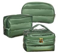 Linpr Lot de 3 trousses de maquillage en cuir PU rayé, portable, étanche, organiseur de maquillage de voyage, jolies trousses de maquillage pour femmes et filles, Vert-Down, Simple et facile