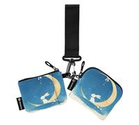 linqin Bunny and Moon Lot de 2 porte-monnaie avec dragonne pour cartes de crédit Bleu, Lapin et lune Bleu, 1 size