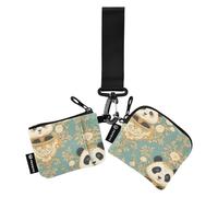 linqin Lot de 2 porte-monnaie avec fermeture éclair amovible et porte-clés pour cartes de crédit Motif panda, Art Panda Visages Fleurs, 1 size