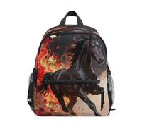 linqin Sac à dos 2D cheval noir avec flammes et feuilles d'automne pour enfants harnais avec laisse et étiquette de nom pour garçons Mochilas escolares para ni ? as
