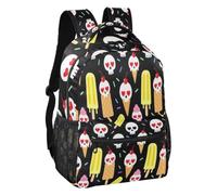 linqin Sac à dos d'écolier multi-poches Motif monstres effrayants, Crème | Doublure intérieure en peau de pêche noire, sangles de soulagement de la pression, activités de plein air décontractées