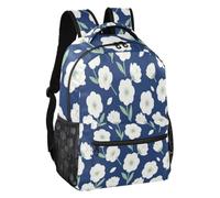 linqin White Navy Blooms Sac à dos léger pour enfant S, Fleurs blanches et bleu marine, M, Sac à dos | Sac à dos avec compartiments de rangement multiples, shopping de fin de semaine, garçons et filles