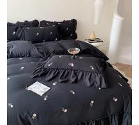 LinQton Parure de lit romantique à imprimé roses avec drap plat, large bordure à volants et à volants pour décoration de chambre de fille (noir, double 200 x 230 cm, 4 pièces)