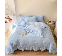 LinQton Parure de lit romantique à imprimé roses avec drap plat, large bordure à volants et à volants pour décoration de chambre de fille (bleu clair, très grand lit 220 x 240 cm, 4 pièces)