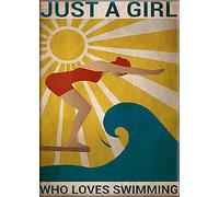 LINQWkk Plaque en métal rétro Just A Girl Who Loves Swimming, Swimming Sign, Art mural vintage, panneau de l'océan, décoration murale en métal vintage 30,5 x 20,3 cm