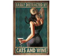 LINQWkk Plaque Murale en métal Vintage, Chat et vin, Style rétro, Motif Chaton, Bar, Restaurant, café, décoration Murale 20,3 x 30,5 cm