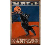 LINQWkk Plaque rétro en métal - Inscription « Time Spent With Cats and Basketball Is Never Wasted » - Plaque en métal avec citations de motivation - Décoration murale vintage - Décoration murale pour