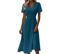 LinRim Élégante robe portefeuille pour femme, manches courtes, longueur midi, taille moyenne, robe fluide avec fente sur le devant, robe d'affaires, robe festive dans de nombreuses couleurs pour l'été