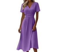 LinRim Élégante robe portefeuille pour femme, manches courtes, longueur midi, taille moyenne, robe fluide avec fente sur le devant, robe d'affaires, robe festive dans de nombreuses couleurs pour l'été