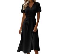 LinRim Élégante robe portefeuille pour femme, manches courtes, longueur midi, taille moyenne, robe fluide avec fente sur le devant, robe d'affaires, robe festive dans de nombreuses couleurs pour l'été