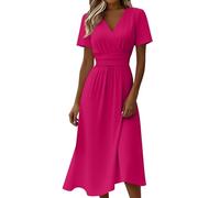 LinRim Élégante robe portefeuille pour femme, manches courtes, longueur midi, taille moyenne, robe fluide avec fente sur le devant, robe d'affaires, robe festive dans de nombreuses couleurs pour l'été