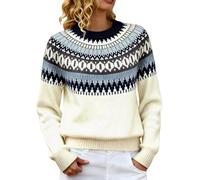 LinRim Pull en tricot doux pour femme avec col rond et motif Fair-Isle, Blanc., M