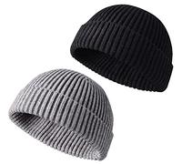 LINSOCLE 2PCS Bonnet Homme Hiver, Bonnet de Trawler, Fisherman Beanie, Bonnet Homme Hiver Court, Doux et léger Bonnet de Trawler Watch Unisexe(Noir + Gris)