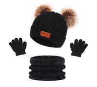 LINSOCLE 3 en 1 Ensemble Bonnet-Echarpe-Gants Enfant Hiver, Tricoté Tour de Cou Chaud avec Doublure, Bonnet Enfant Hiver avec Pompon, Ensemble d’Hiver pour Fille et Garçon 2-6Ans