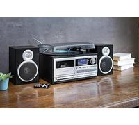 L'installation compacte NEWTRO est un système de musique polyvalent avec tourne-disque, radio DAB+/FM, plateau cassette, lecteur CD, prise en charge MP3 et AUX, boîte à musique avec haut-parleurs